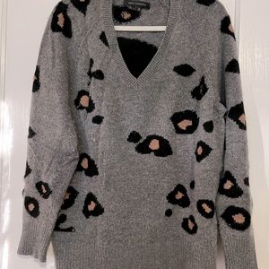 Skull Cashmere Leopard Print V-Neck Sweater L